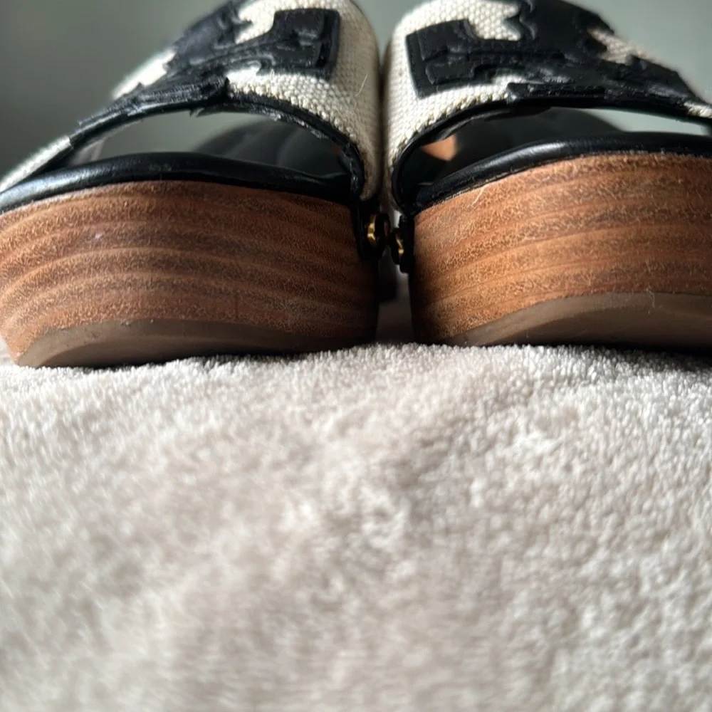 Tory Burch Black and Cream Wedge Sandals - Picture 2 of 13